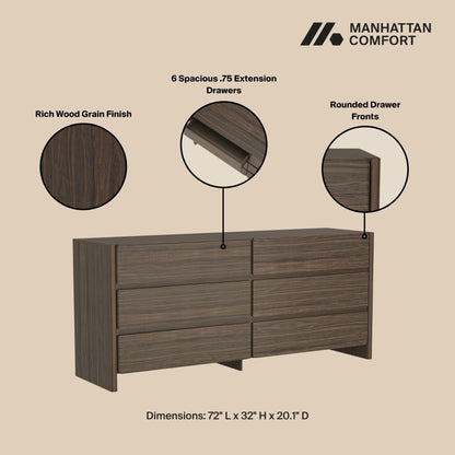 Double Wide Dresser With 6 Drawers in rich wood grain finish by HouseOfZazla, modern minimalist design with rounded front drawers 72in L on Tampa Home & Garden Store