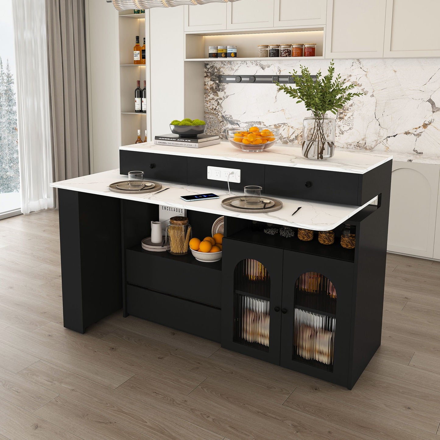 Kitchen Island with Extendable Rotating Table