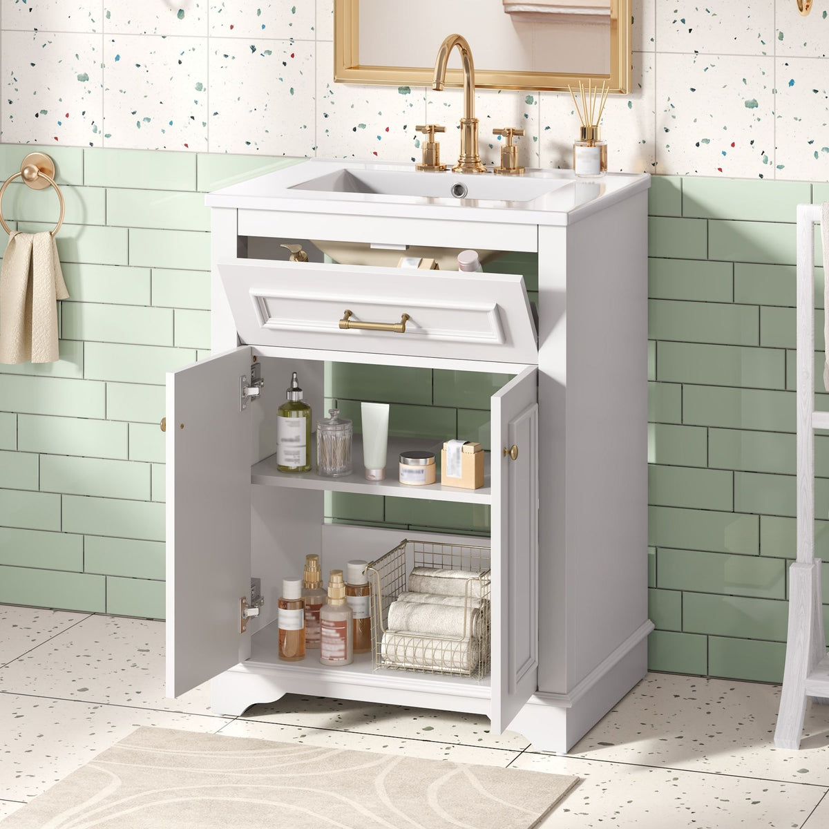 Bathroom vanity with integrated sink and storage cabinet in white with brass hardware on Tampa Home & Garden Store