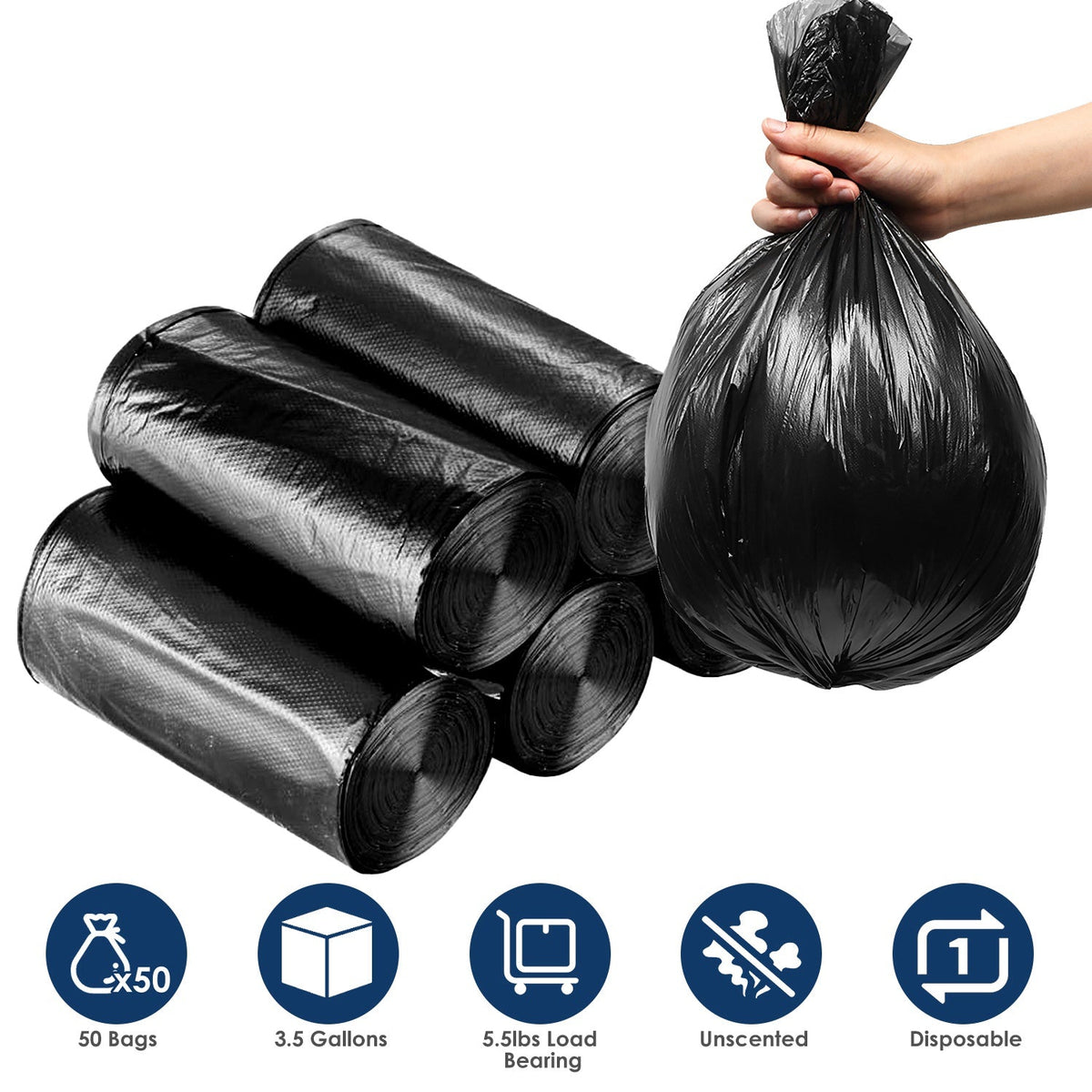 GemGear black trash bags, 5 rolls (50 bags), 3.5 gal capacity, unscented, leak-resistant liners on Tampa Home & Garden Store