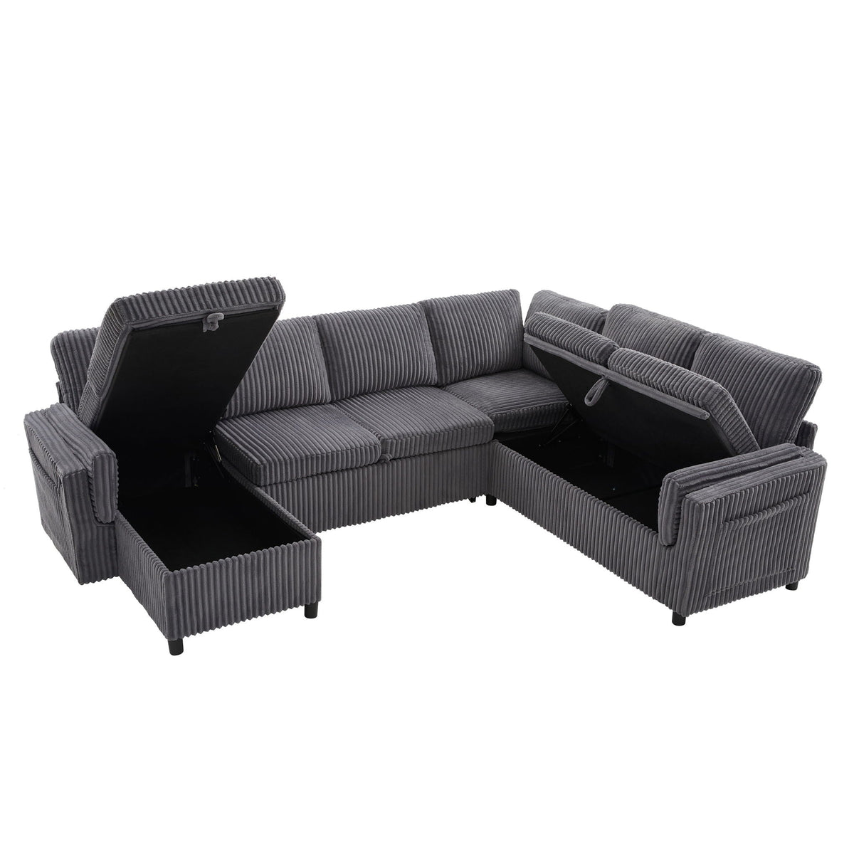 Convertible U-shaped sectional sofa bed with USB ports and storage, grey corduroy on Tampa Home & Garden Store
