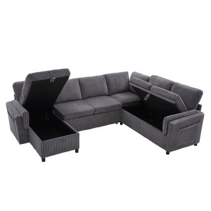 Convertible U-shaped sectional sofa bed with USB ports and storage, grey corduroy on Tampa Home & Garden Store