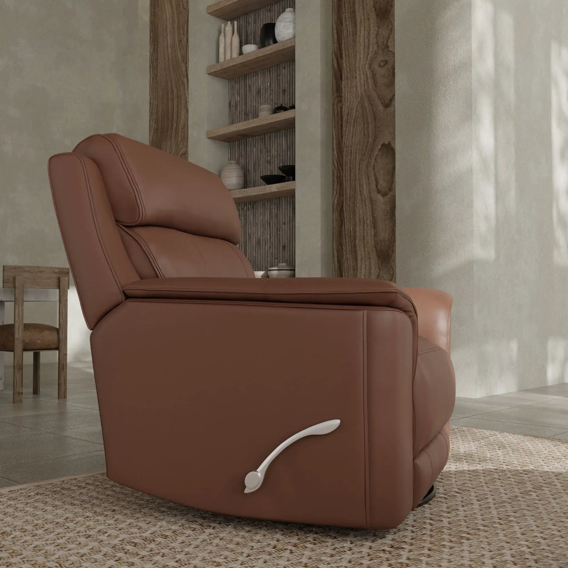 Oslo manual swivel glider recliner in brown leather with cushioned seating on Tampa Home & Garden Store