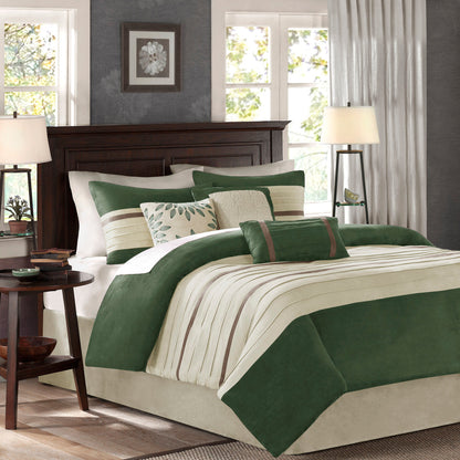 7 Pc Faux Suede Comforter Set Green King on bed with cream and green striped bedding and decorative pillows HouseOfZazla on Tampa Home & Garden Store