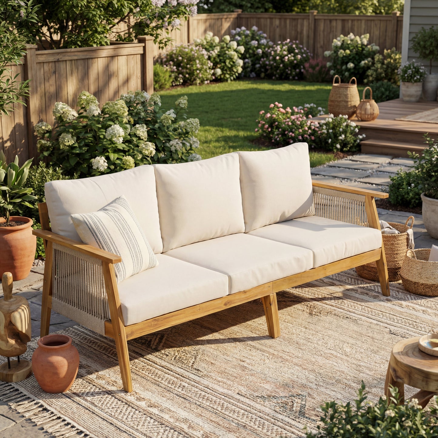 3 Seater Acacia and Rope Outdoor Patio Sofa
