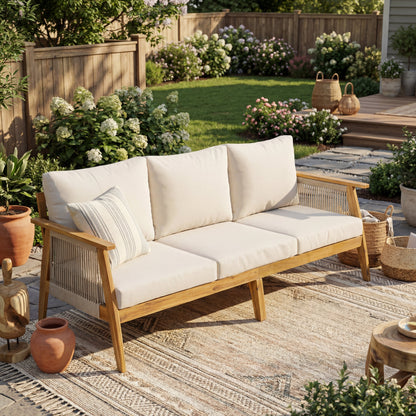 3 Seater Acacia and Rope Outdoor Patio Sofa