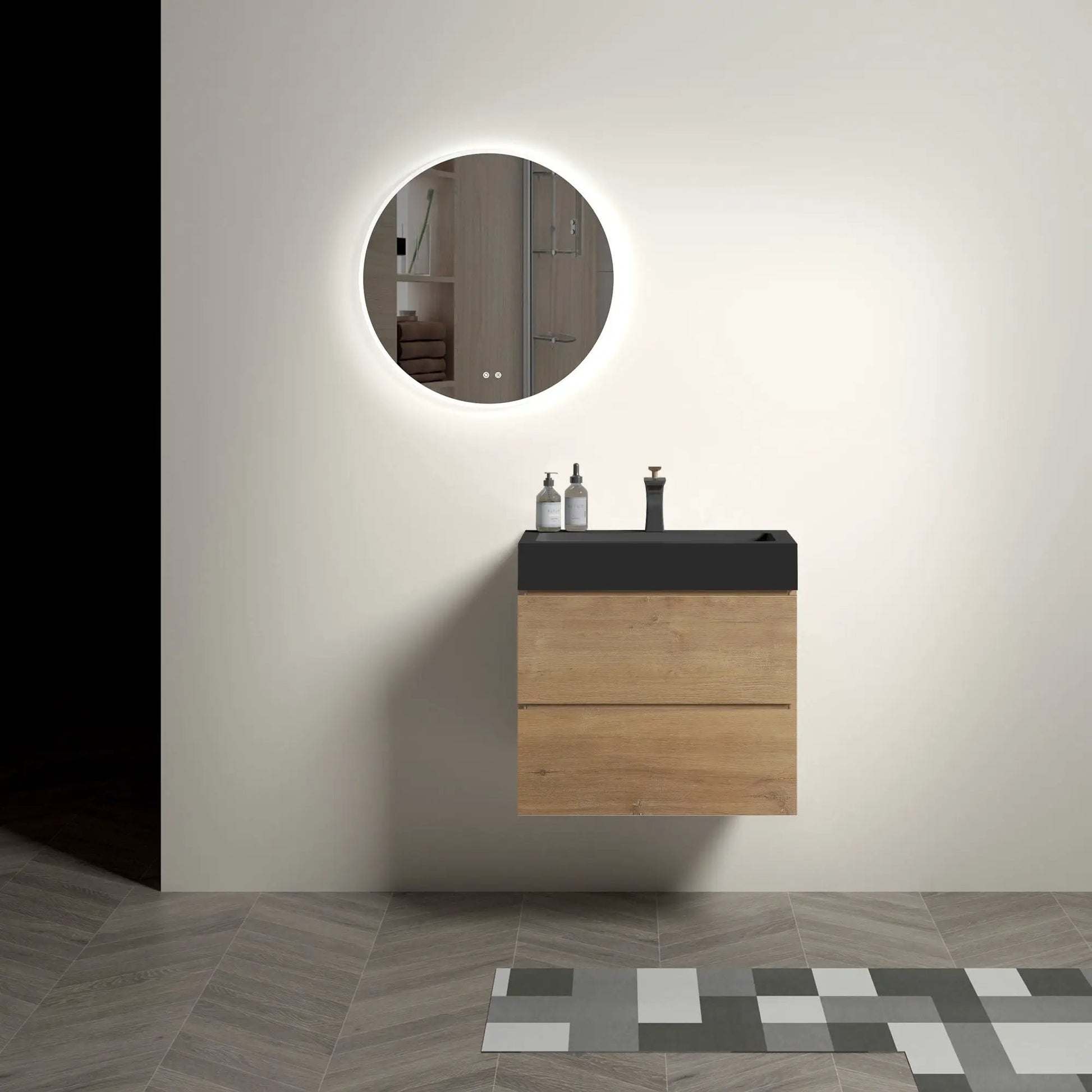 Alice natural oak floating vanity with sink, black top, by Unique Piece Furniture on Tampa Home & Garden Store