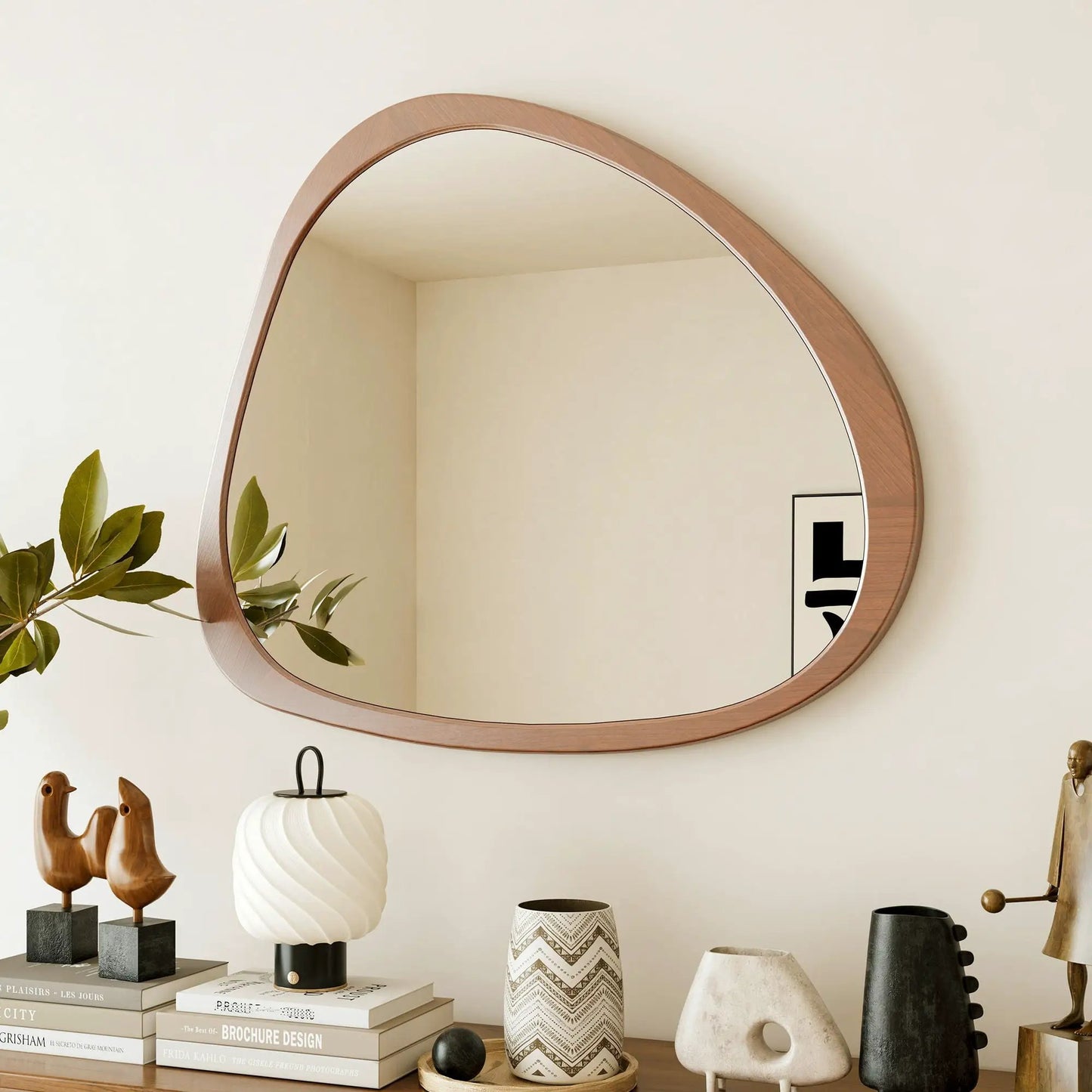 Asymmetrical Wall Mirror with Wooden Frame