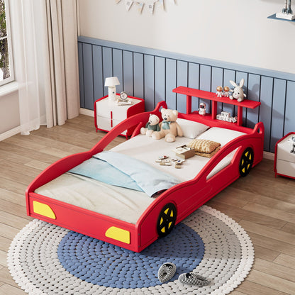 Race Car Platform Bed & Wheels, 2 red car beds with black wheels by HouseOfZazla in a kids room on Tampa Home & Garden Store