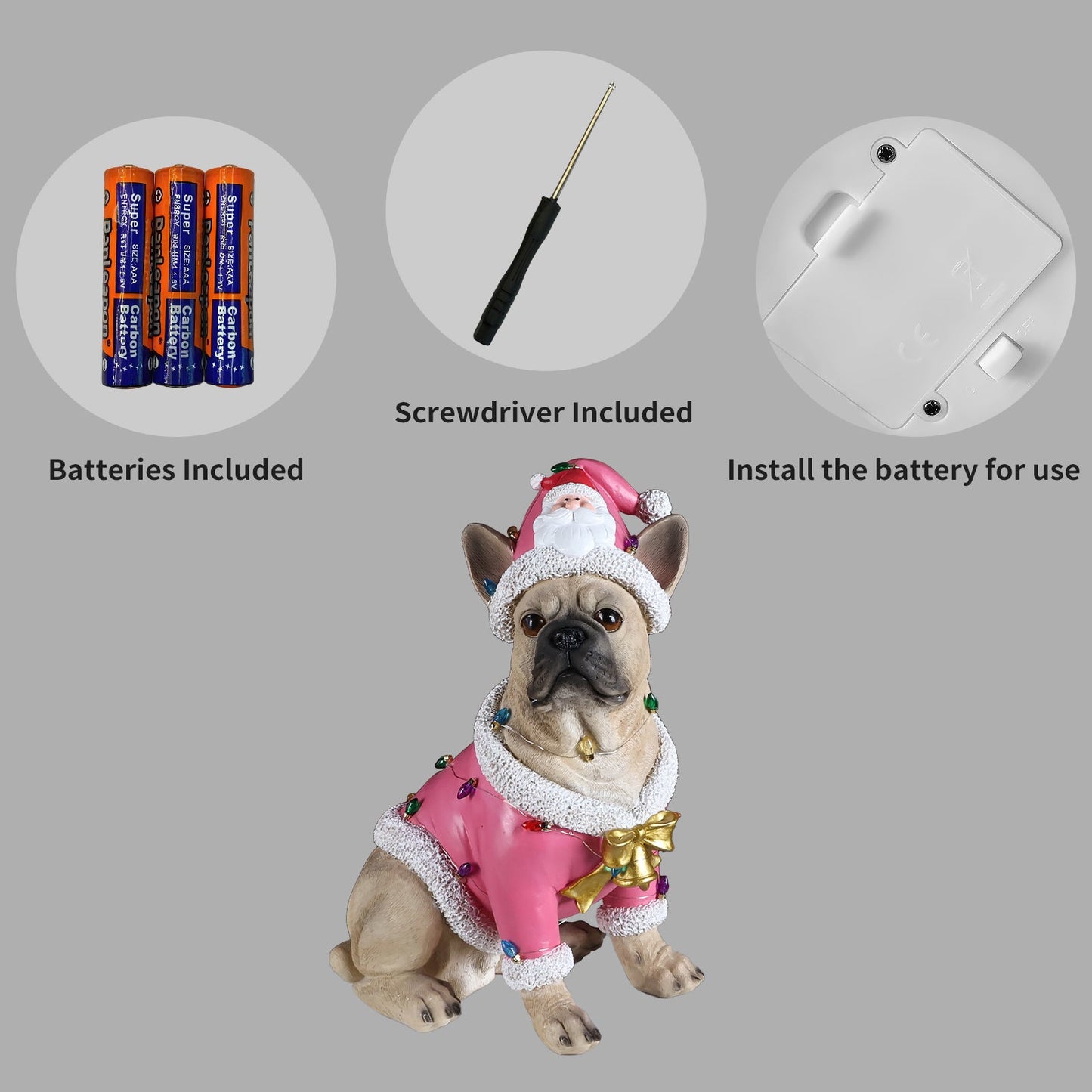Christmas French Bulldog Statue by HouseOfZazla in pink festive coat with lights Santa hat on Tampa Home & Garden Store