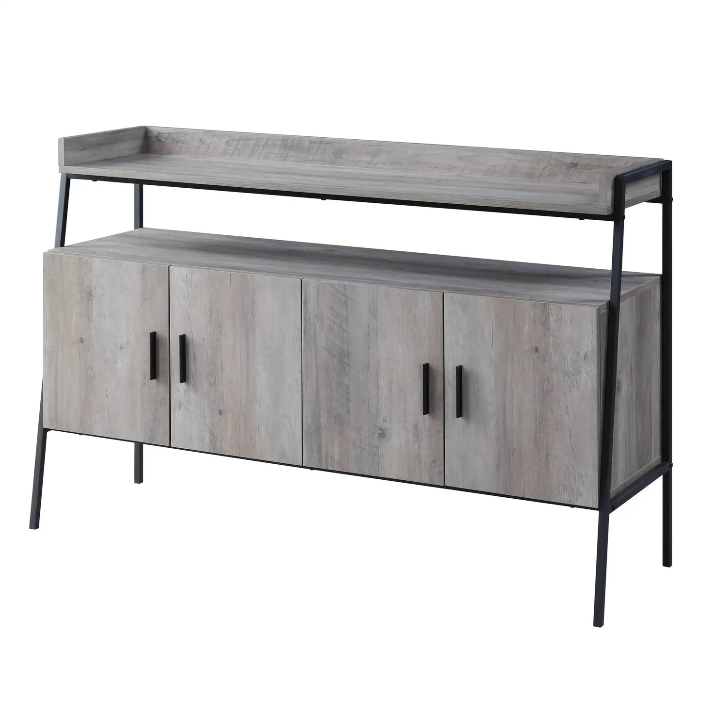 Samiya TV Stand gray wood finish with black metal frame and storage cabinets on Tampa Home & Garden Store