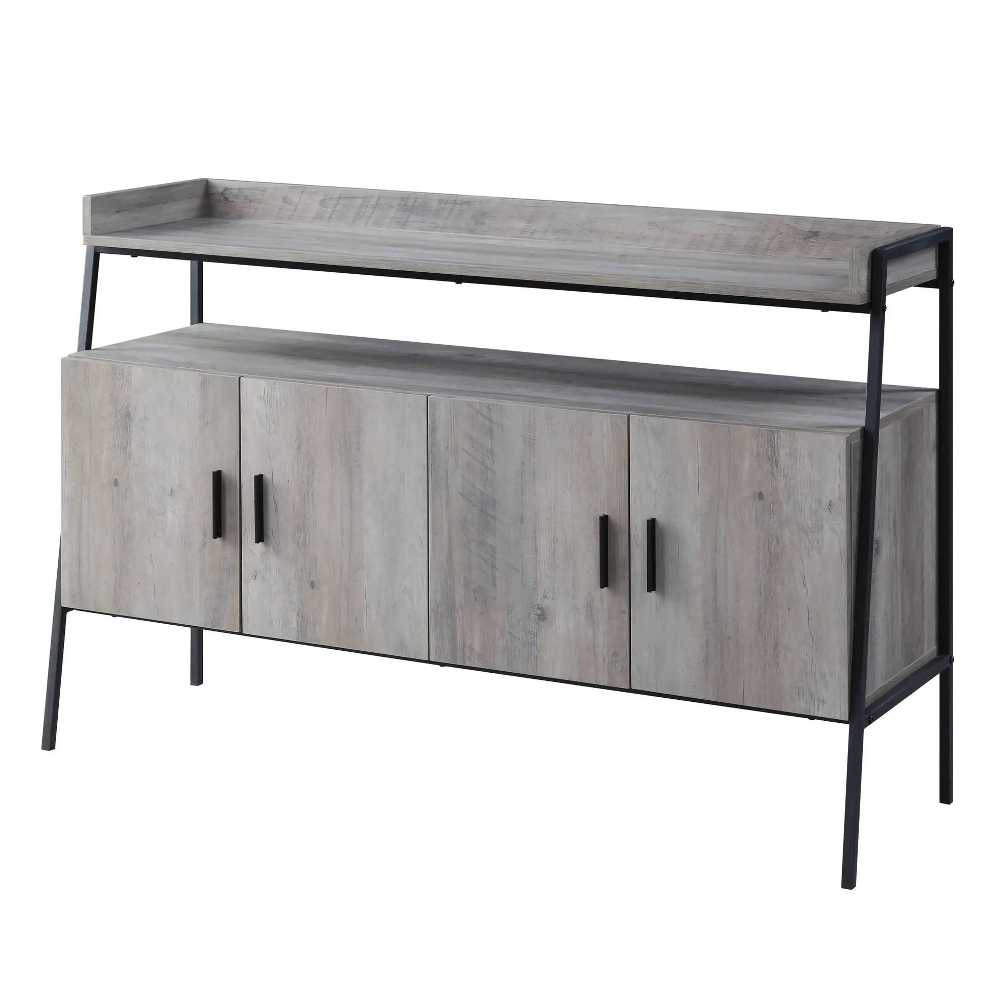 Samiya TV Stand gray wood finish with black metal frame and storage cabinets on Tampa Home & Garden Store