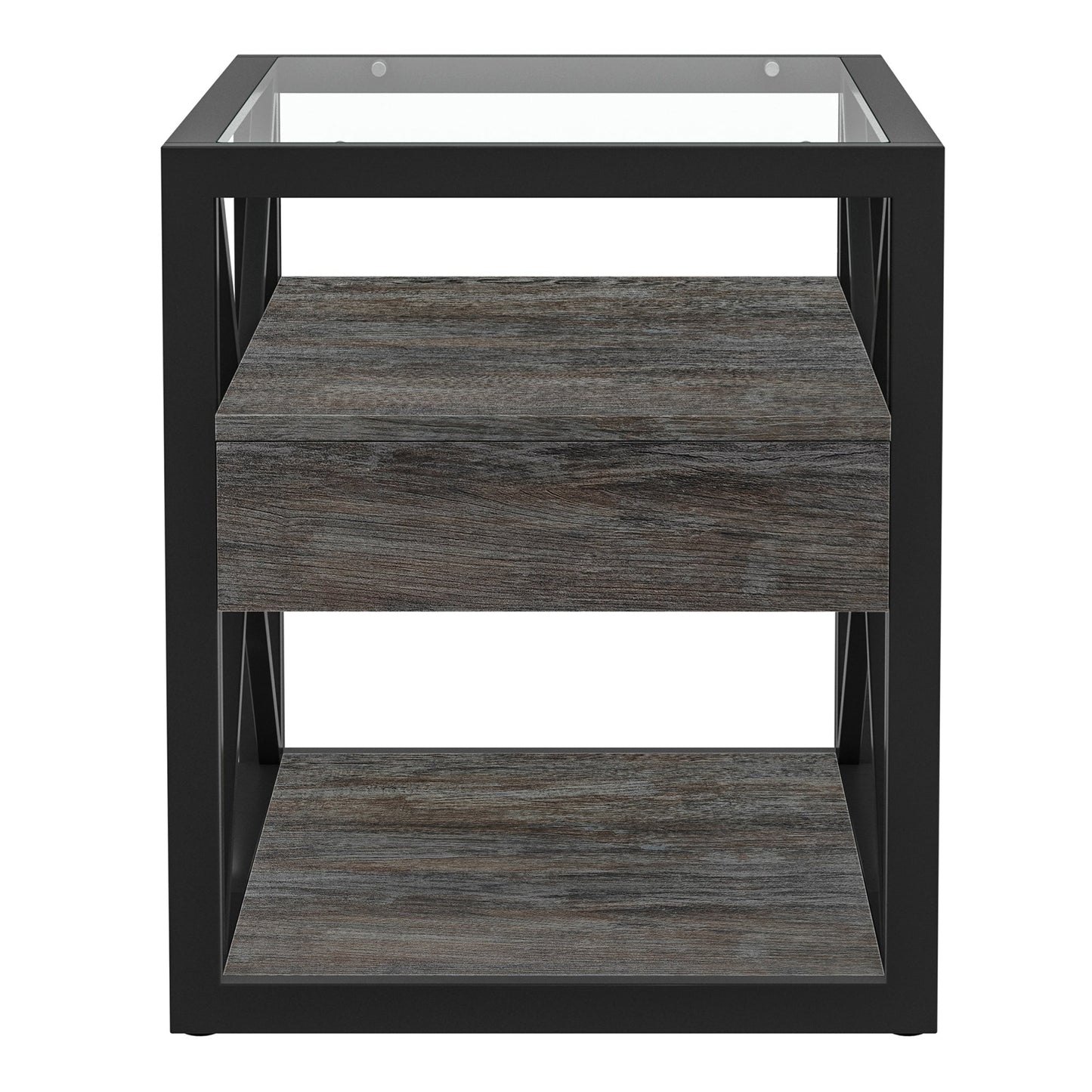 Set of 2 nightstands with drawers, black metal frame, glass top, woodgrain fronts HouseOfZazla on Tampa Home & Garden Store