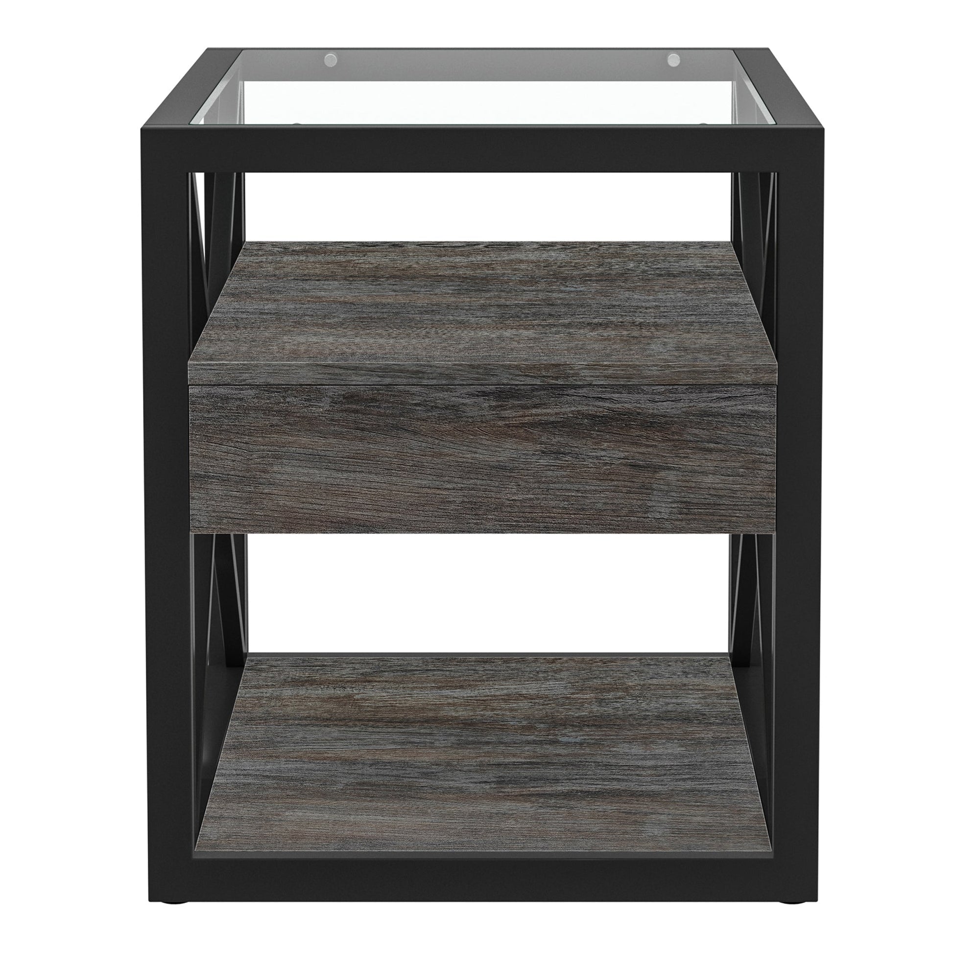 Set of 2 nightstands with drawers, black metal frame, glass top, woodgrain fronts HouseOfZazla on Tampa Home & Garden Store