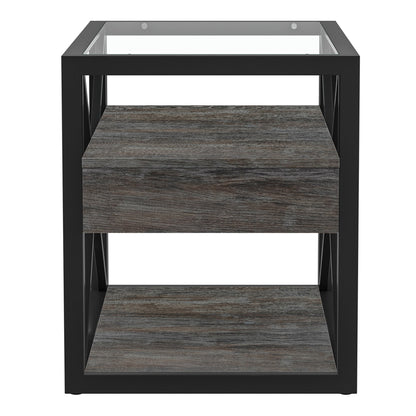 Set of 2 nightstands with drawers, black metal frame, glass top, woodgrain fronts HouseOfZazla on Tampa Home & Garden Store