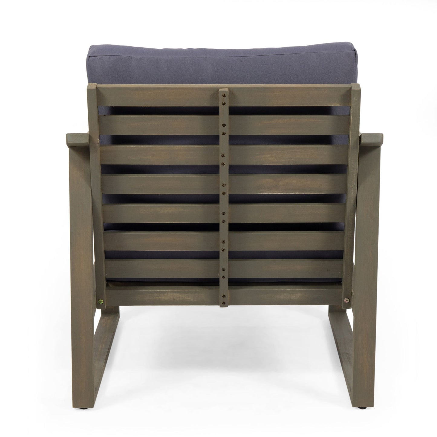 Samwell Outdoor Club Chair with brown wooden frame and blue cushion on Tampa Home & Garden Store
