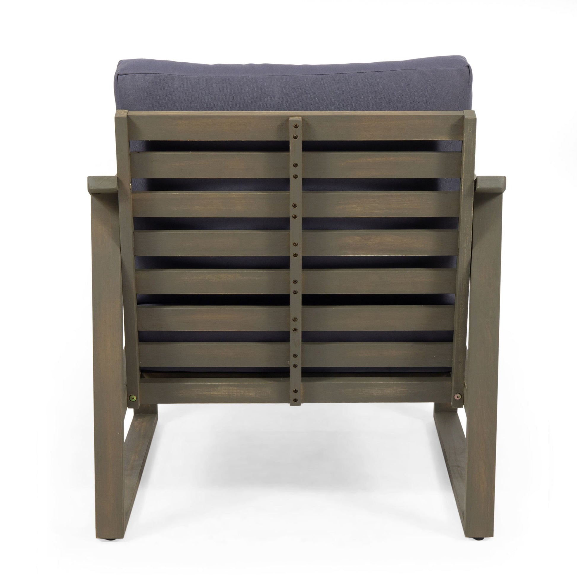 Samwell Outdoor Club Chair with brown wooden frame and blue cushion on Tampa Home & Garden Store