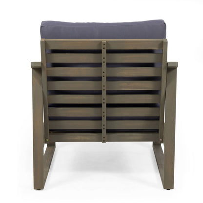 Samwell Outdoor Club Chair with brown wooden frame and blue cushion on Tampa Home & Garden Store