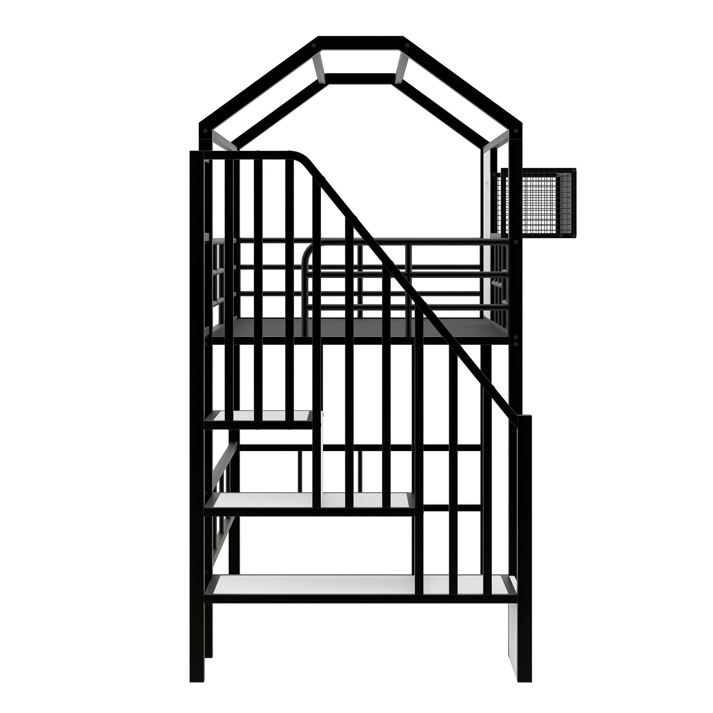 Metal loft bed by HouseOfZazla with roof, black finish, guardrails, ladder and storage box on Tampa Home & Garden Store