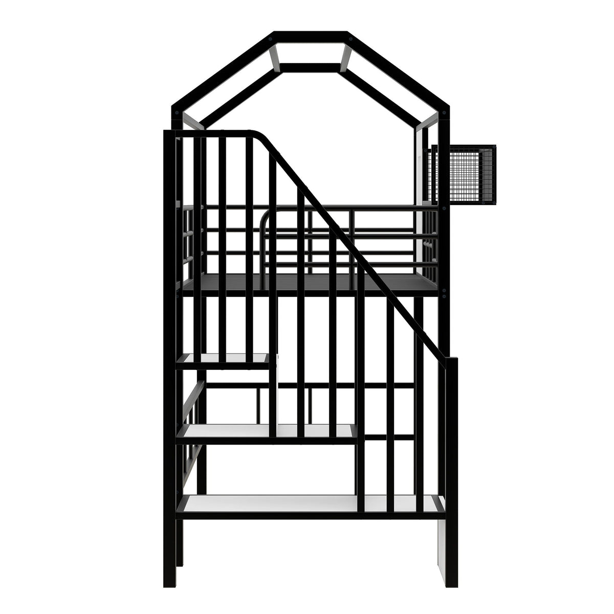 Metal loft bed by HouseOfZazla with roof, black finish, guardrails, ladder and storage box on Tampa Home & Garden Store
