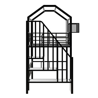 Metal loft bed by HouseOfZazla with roof, black finish, guardrails, ladder and storage box on Tampa Home & Garden Store
