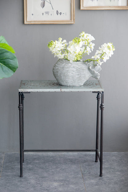 Set of 3 Gilbert Nesting Tables metal plant stands with perforated metal tops and dark iron legs on Tampa Home & Garden Store