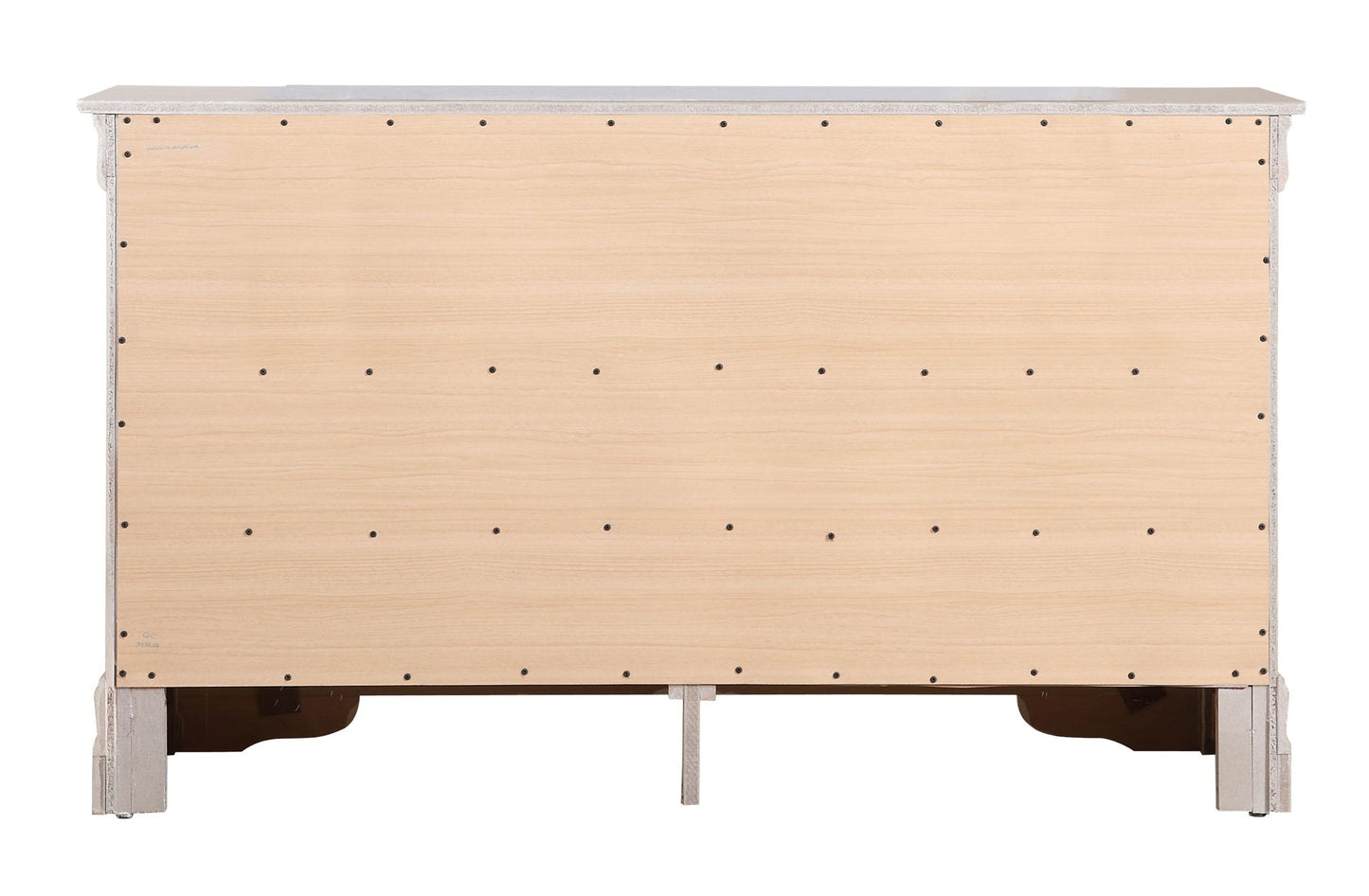 Lorana dresser bottom view with light wood panels and silver trim on Tampa Home & Garden Store