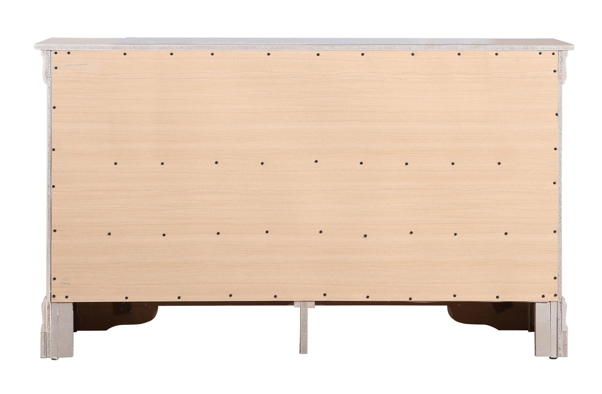 Lorana dresser bottom view with light wood panels and silver trim on Tampa Home & Garden Store
