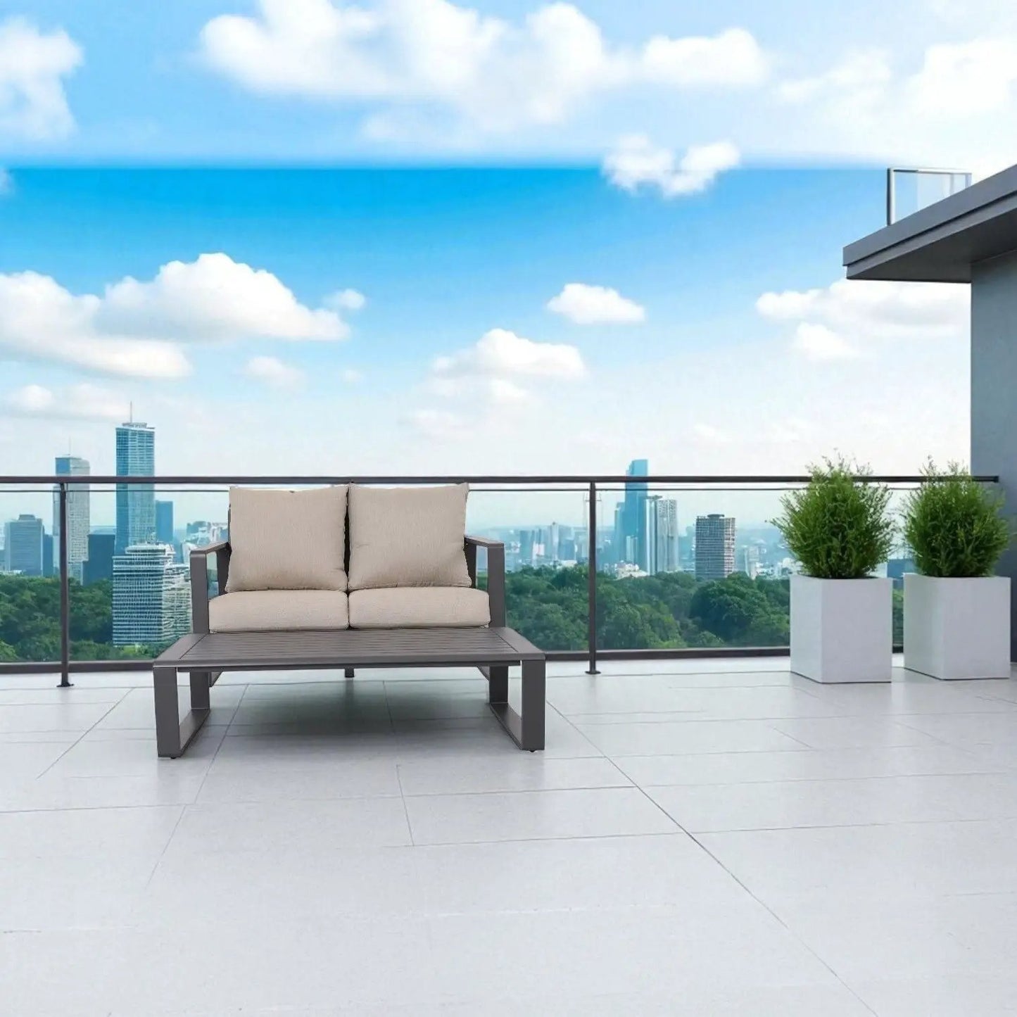 Sofa with rectangular coffee table 2-piece outdoor set beige cushions, Unique Piece Furniture on Tampa Home & Garden Store