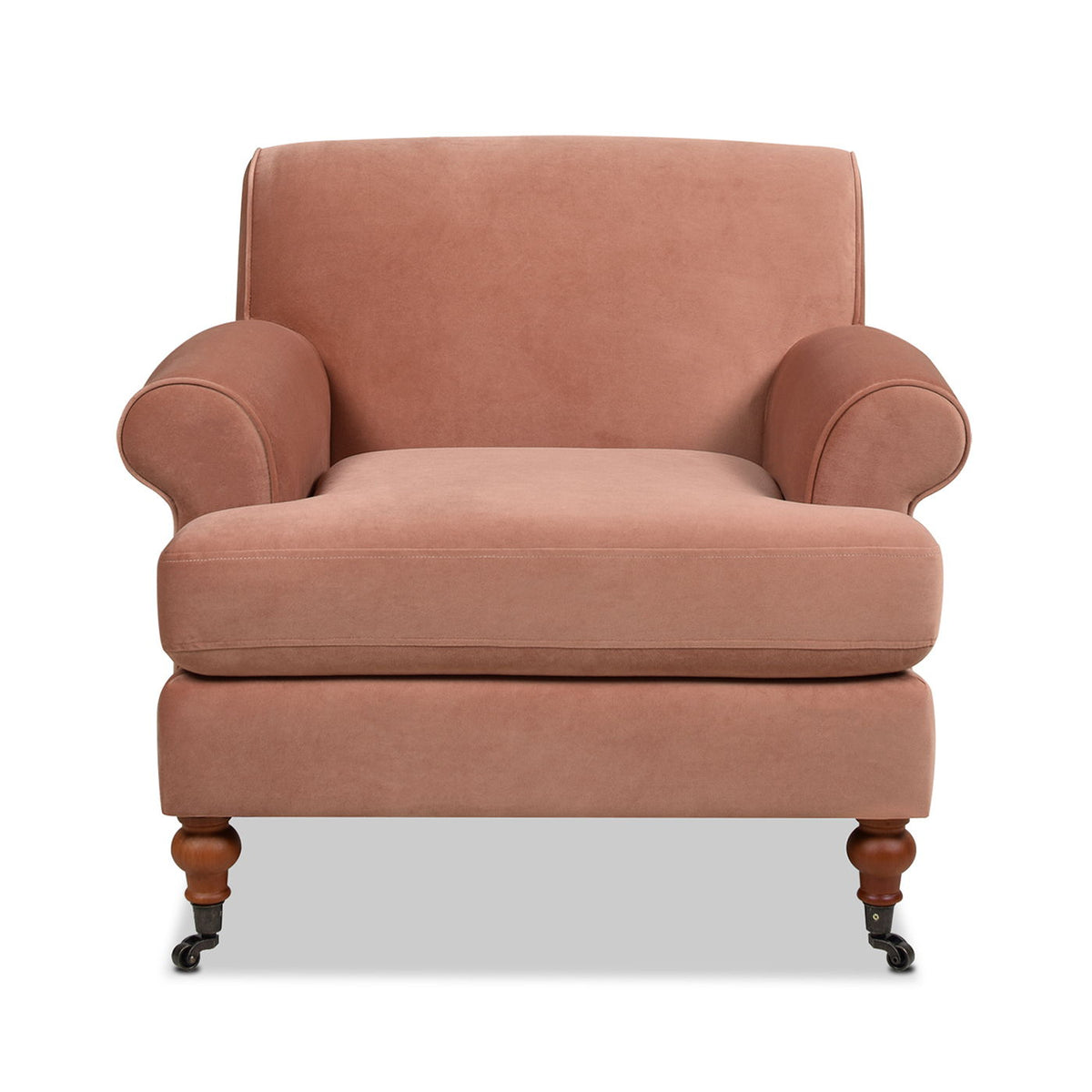 Accent Arm Chair in terracotta upholstery with caster wheels and reversible cushions on Tampa Home & Garden Store