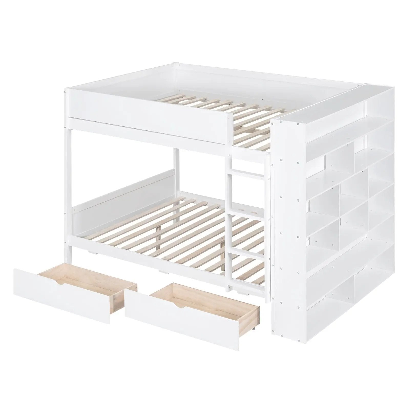 White bunk bed with 2 pull-out drawers and a built-in multi-layer cabinet with side shelves on Tampa Home & Garden Store