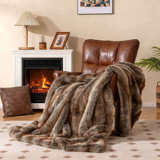 780GSM Soft Plush Fuzzy Luxury Faux Fox Fur Blanket for Sofa-Brown - Tampa Home & Garden Store