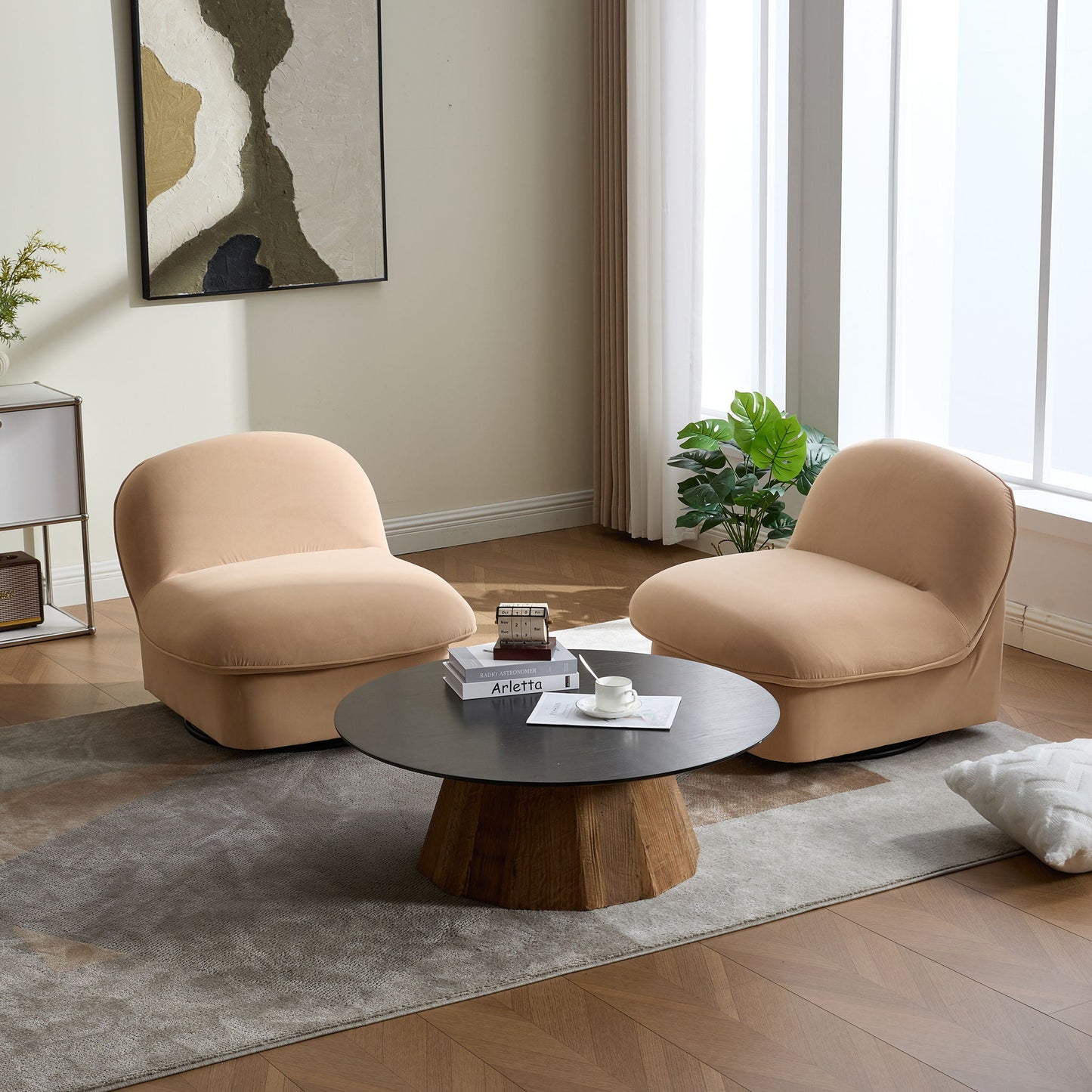 Pumpkin shaped swivel chairs pair, 360° rotation, beige, by HouseOfZazla for living room on Tampa Home & Garden Store
