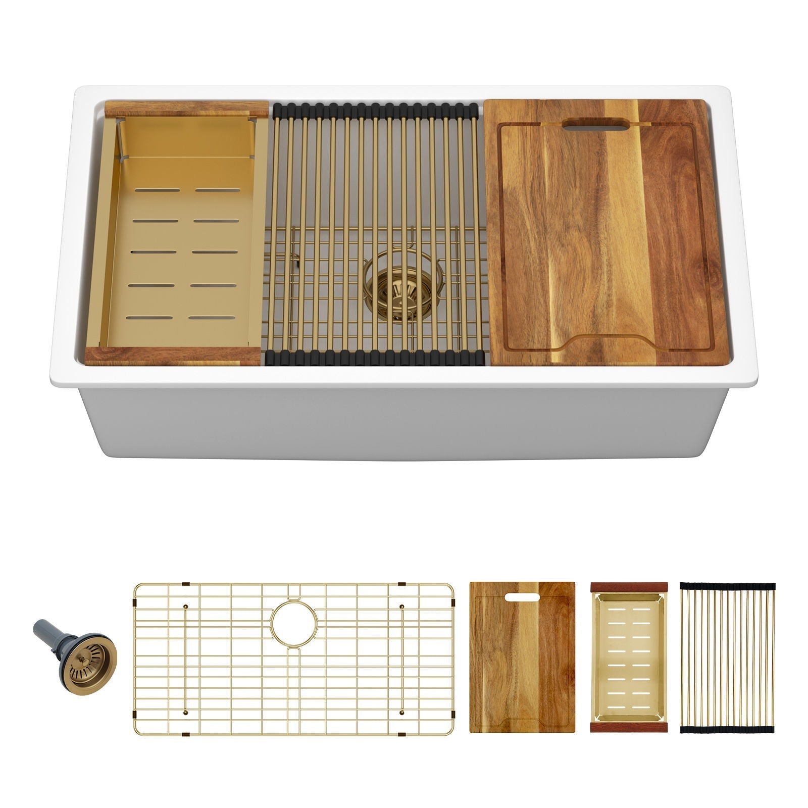 HouseOfZazla quartz composite undermount sink with single bowl and wood cutting boards and rack on Tampa Home & Garden Store