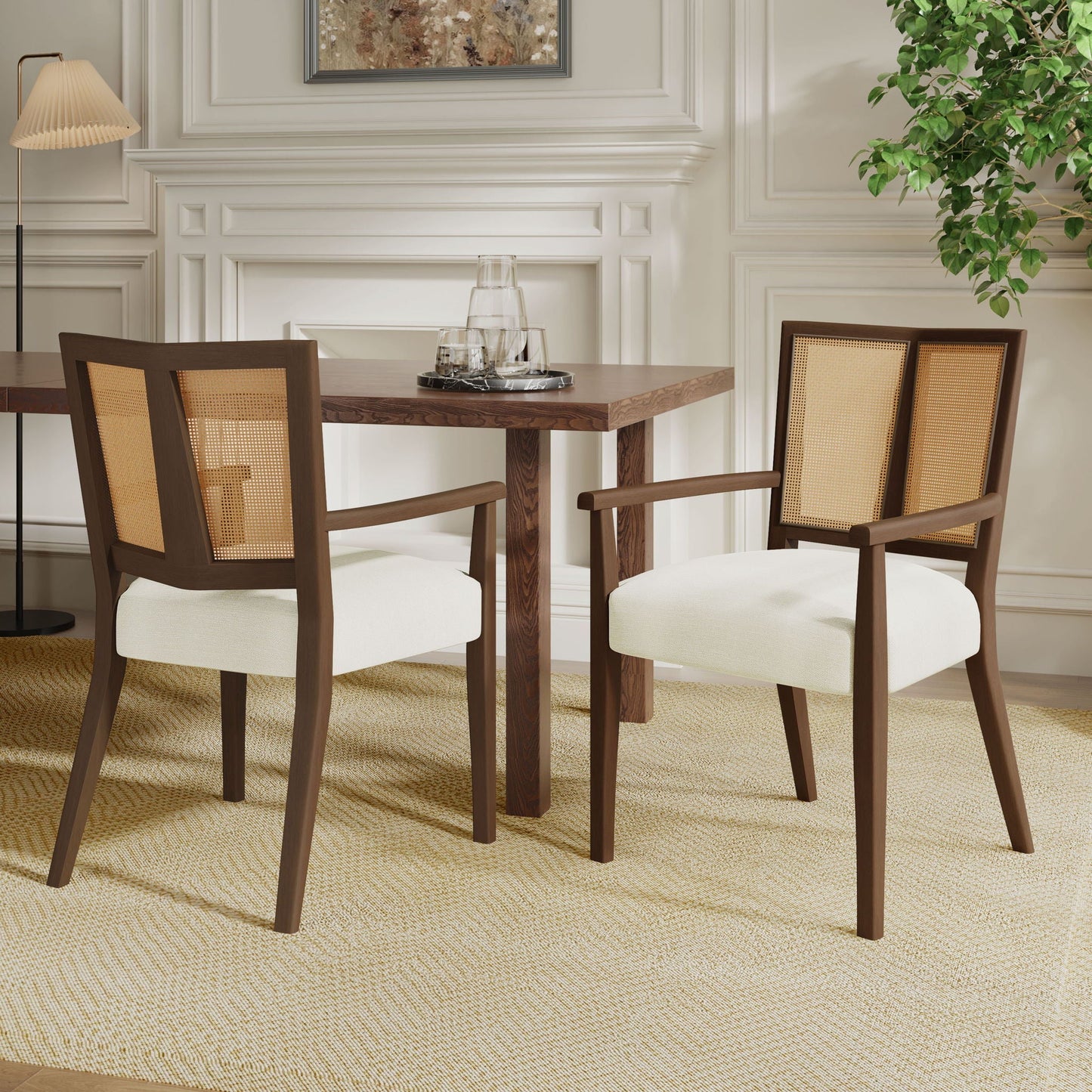 Mid Century Modern Arm Dining Chairs With Rattan Backrest set of 2, dark caned backs on Tampa Home & Garden Store