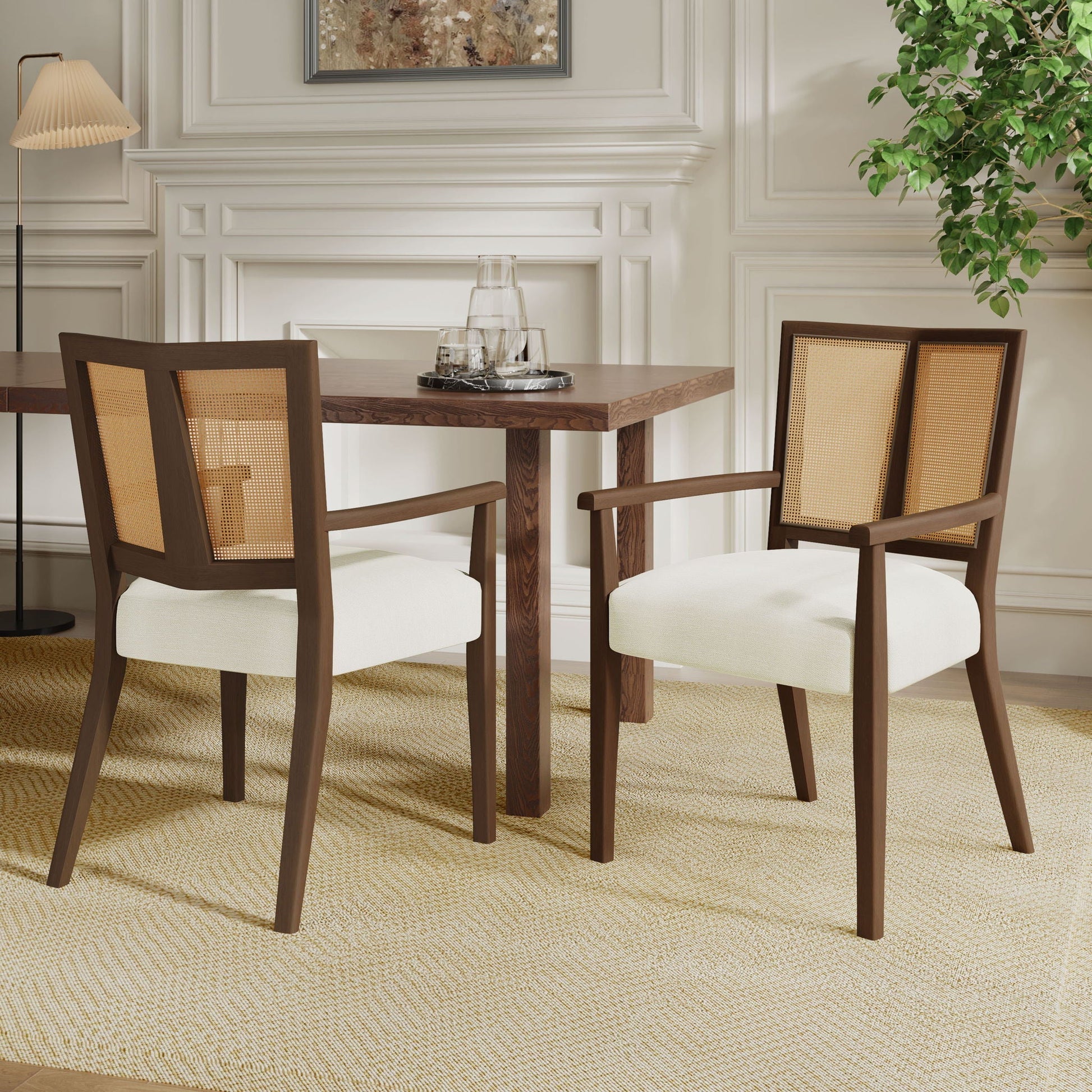 Mid Century Modern Arm Dining Chairs With Rattan Backrest set of 2, dark caned backs on Tampa Home & Garden Store