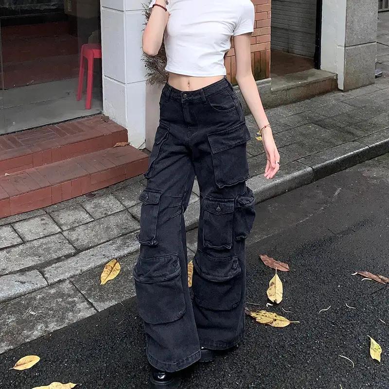 Retro black multi-pocket cargo pants, women's loose wide-leg cargo jeans by FLIPSTYLEZLLC on Tampa Home & Garden Store