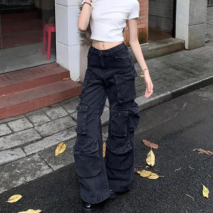 Retro black cargo denim pants for women with multiple pockets wide-leg FLIPSTYLEZLLC on Tampa Home & Garden Store