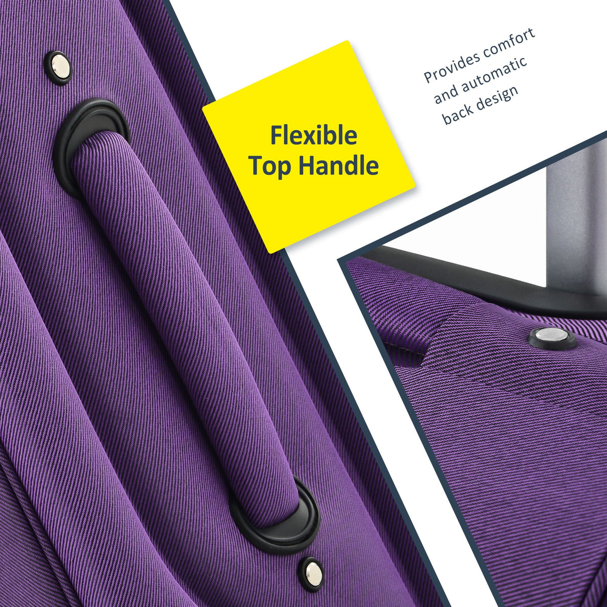 Purple softshell luggage fabric close-up with black top handle and tag Flexible Top Handle on Tampa Home & Garden Store