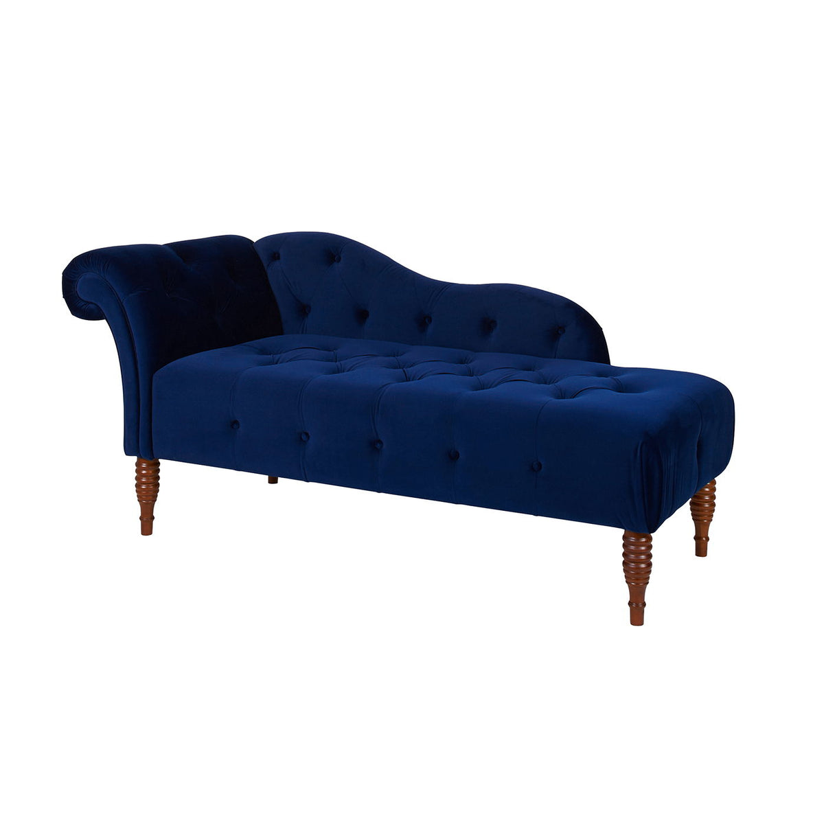 Tufted roll-arm chaise lounge in blue velvet with premium foam and wood legs on Tampa Home & Garden Store