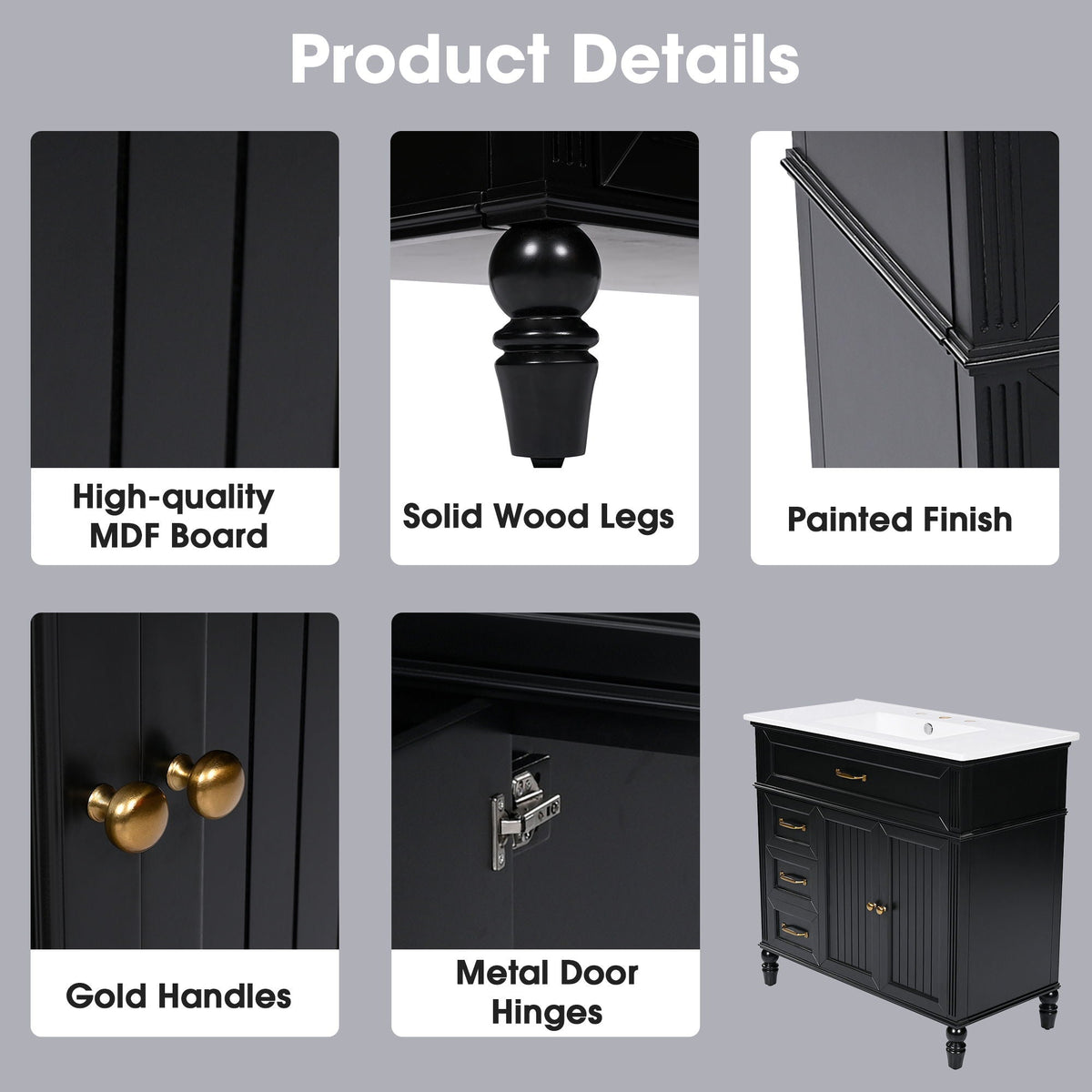 Bathroom vanity with sink and drawers freestanding solid wood cabinet in black with gold handles on Tampa Home & Garden Store