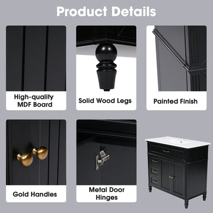 Bathroom vanity with sink and drawers freestanding solid wood cabinet in black with gold handles on Tampa Home & Garden Store