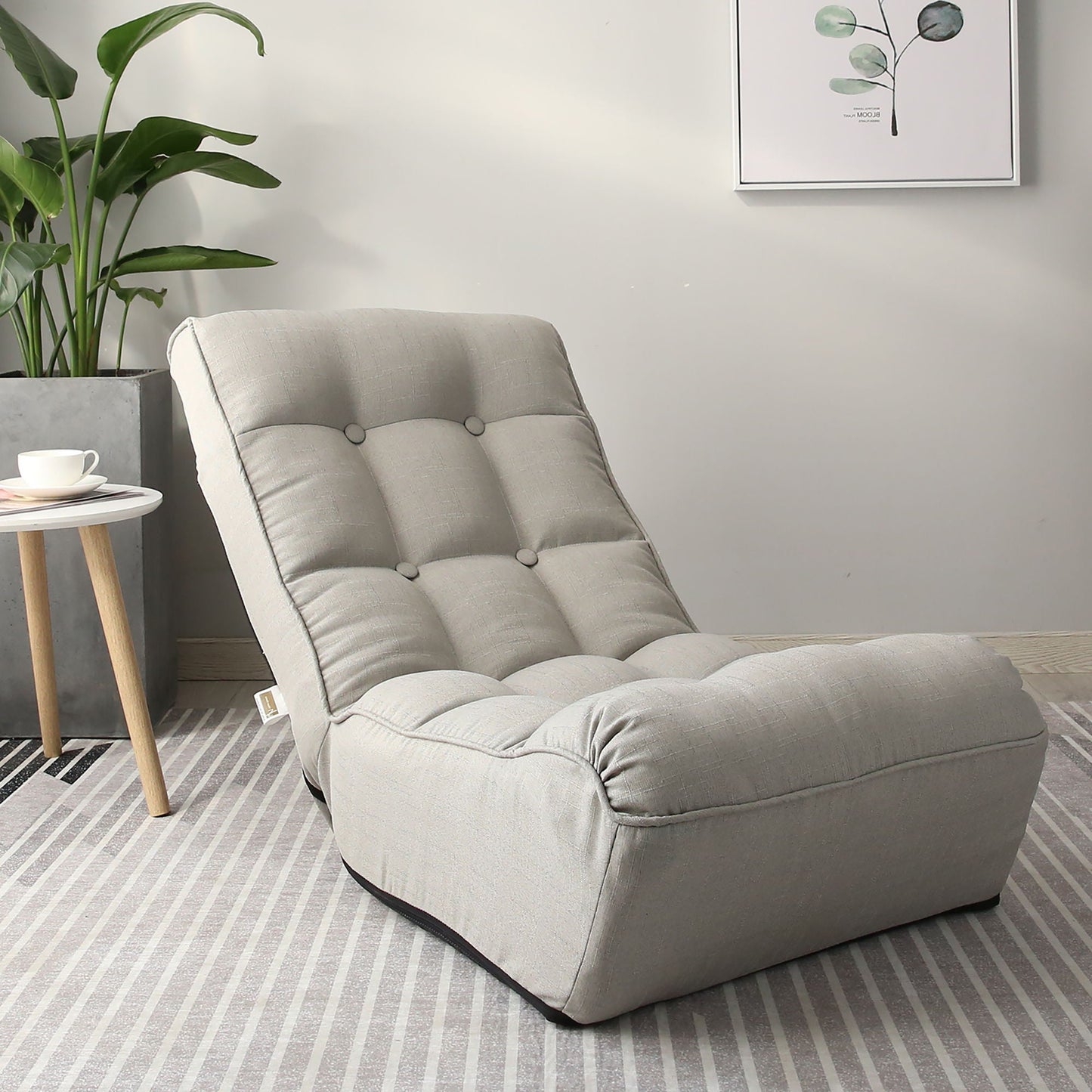 Reclining Japanese chair lazy sofa adjustable in light gray tufted fabric for balcony on Tampa Home & Garden Store