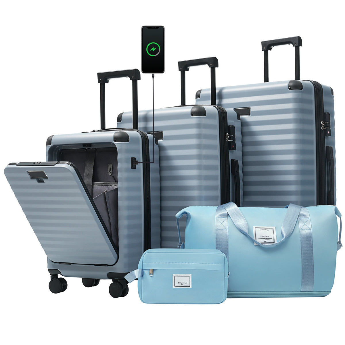 Deluxe 5-Piece Hard-Side Luggage Set by HouseOfZazla in blue-gray with USB and TSA locks on Tampa Home & Garden Store