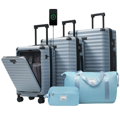 Deluxe 5-Piece Hard-Side Luggage Set by HouseOfZazla in blue-gray with USB and TSA locks on Tampa Home & Garden Store