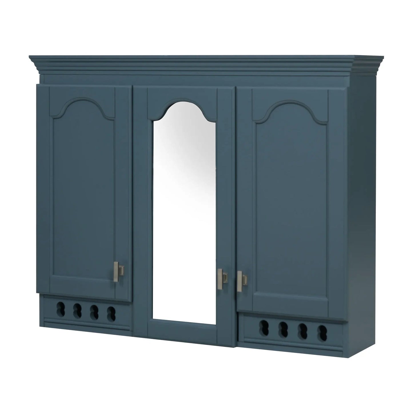 Blue wall-mounted three-panel medicine cabinet with carved arch doors and a central arched mirror panel on Tampa Home & Garden Store
