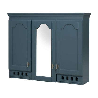 Blue wall-mounted three-panel medicine cabinet with carved arch doors and a central arched mirror panel on Tampa Home & Garden Store
