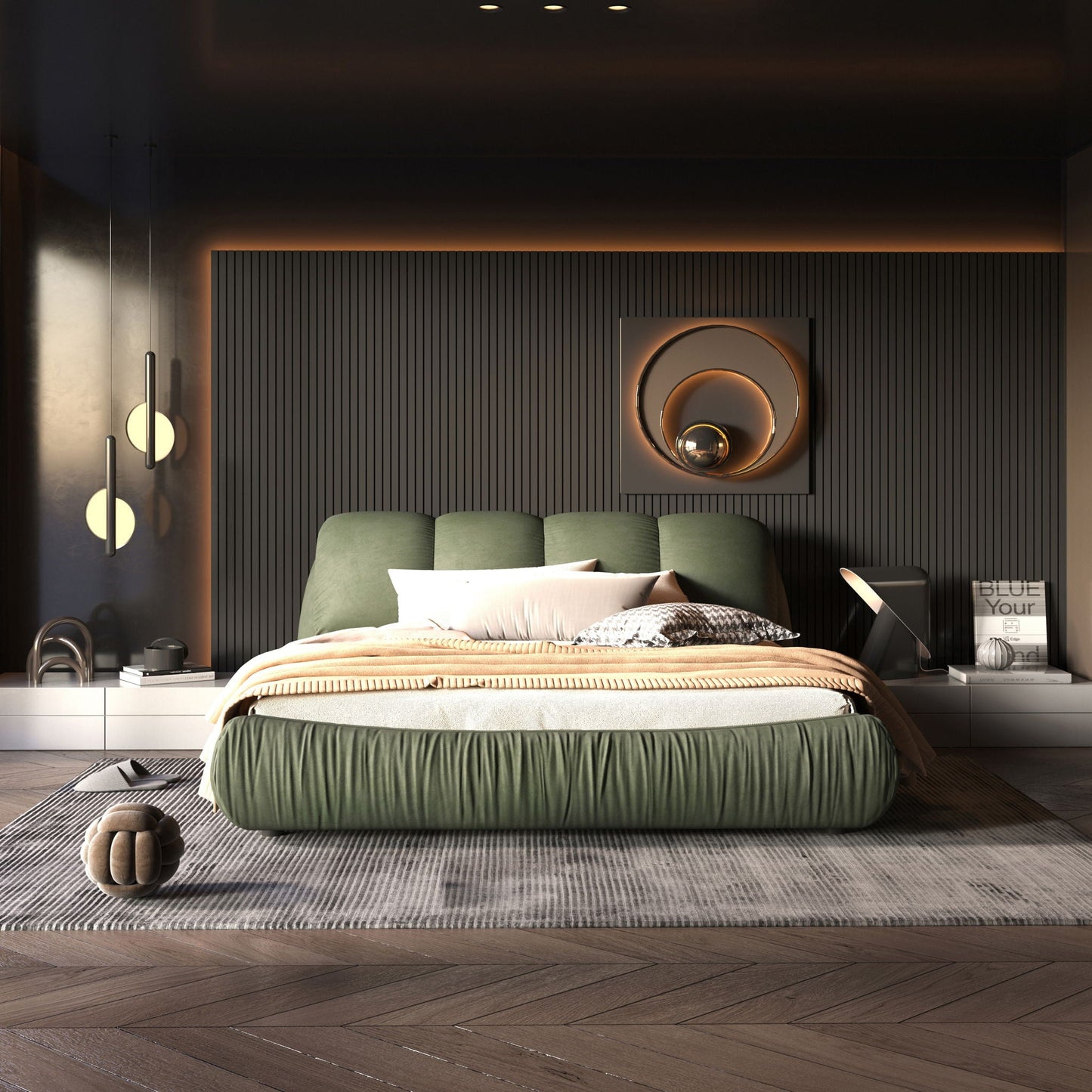 Luxurious upholstered platform bed with oversized padded backrest and wood frame in green on Tampa Home & Garden Store