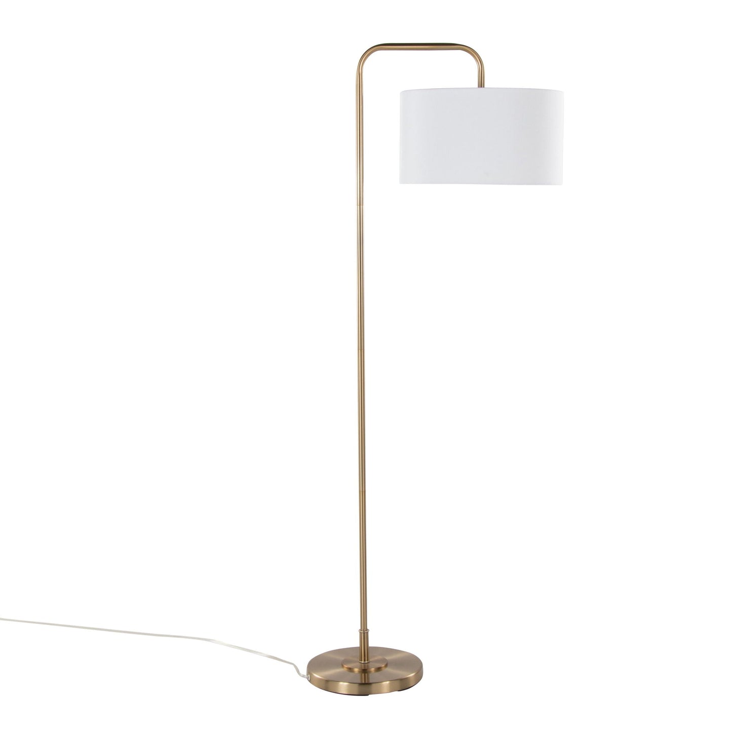 Puck Contemporary Floor Lamp by HouseOfZazla with brass arc stem and white drum shade on Tampa Home & Garden Store