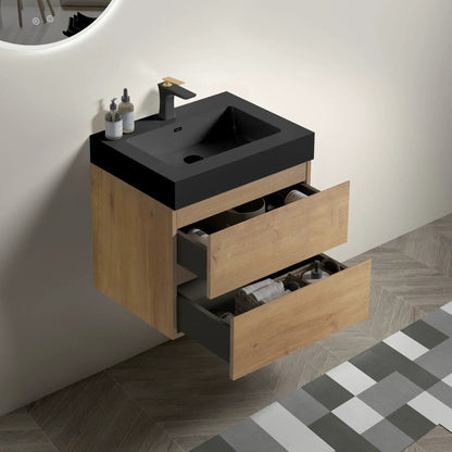 Alice natural oak floating vanity with black top, one-piece sink, large storage drawers on Tampa Home & Garden Store
